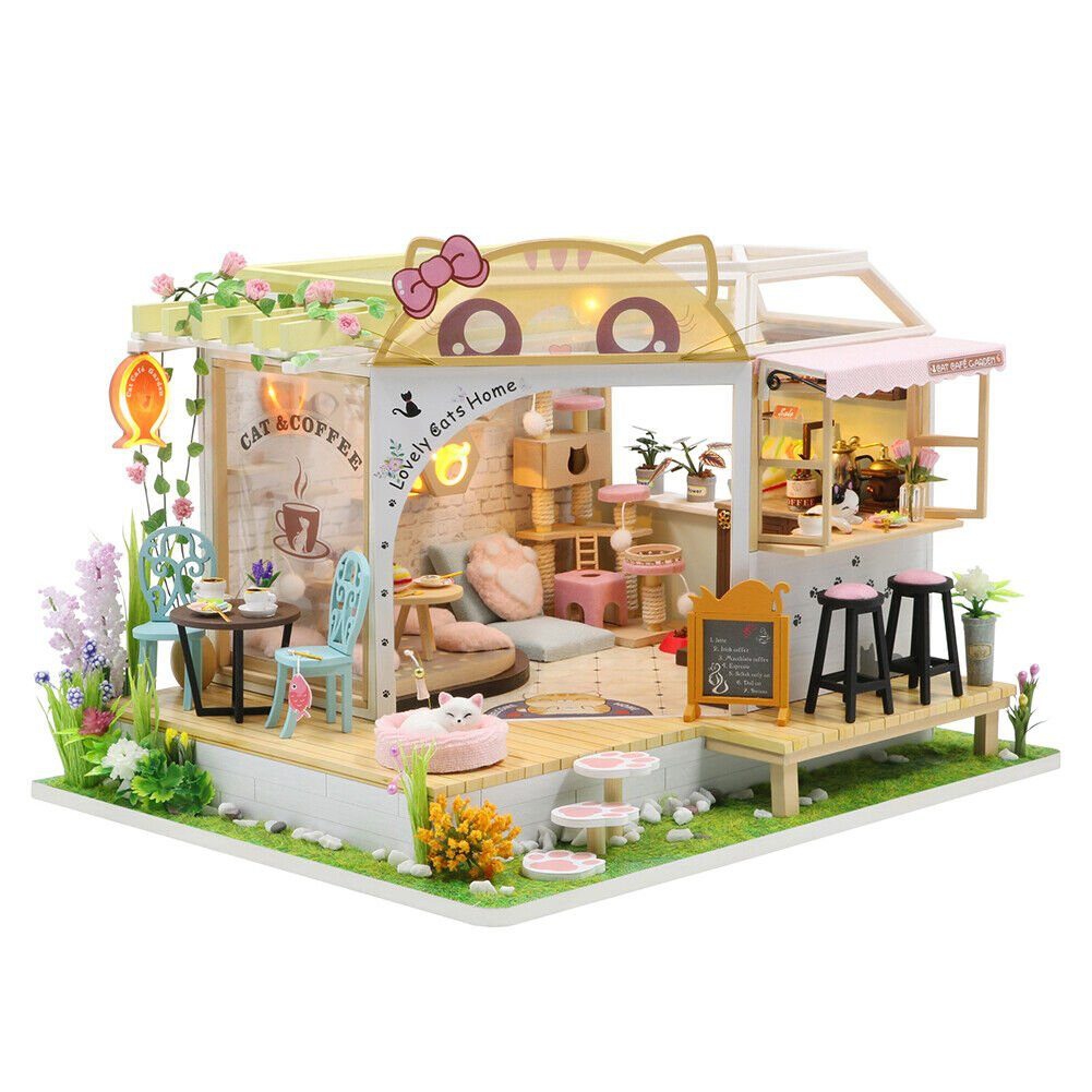 Holzhaus LED Cat's & Coffee "Lovely Cat's Home" Holzbausatz M2111 DIY Puppenhaus