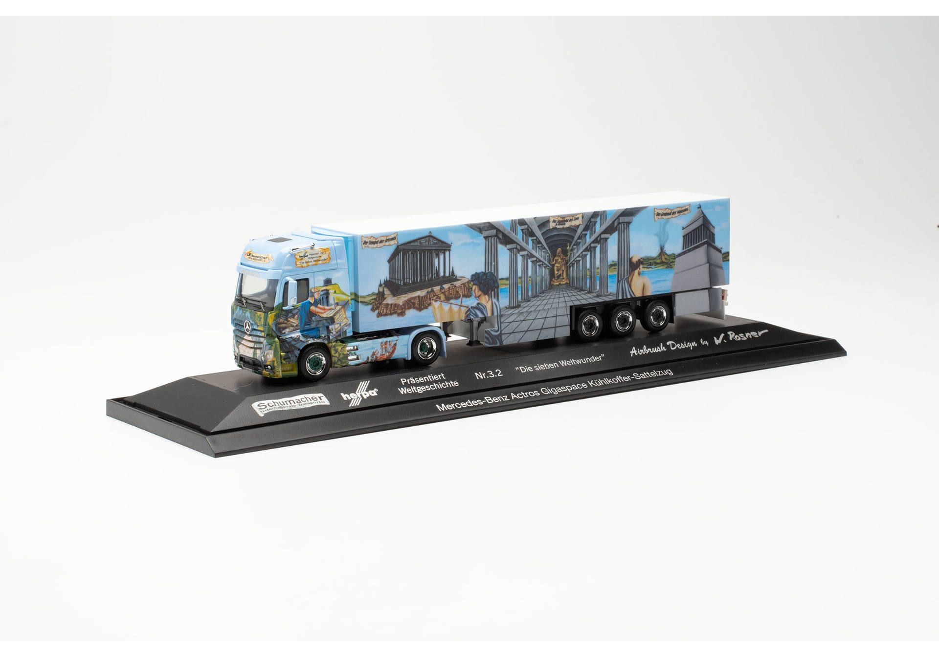 Herpa 122214 Mercedes-Benz Actros `18 Kühlkoffer-Sattelzug „Herpa Weltgeschichte Nr. 3.2, Schumacher“ (Nordrhein-Westfalen/Würselen) 1:87