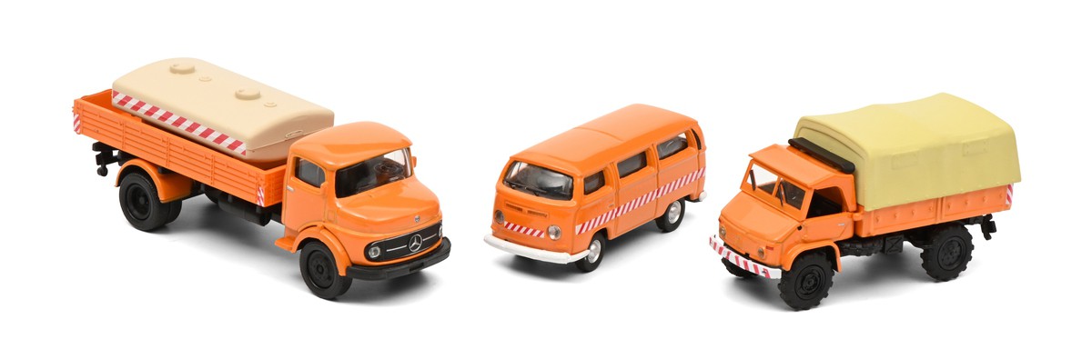 Schuco 452655600 MHI 3er-Set Kommunalfahrzeuge - VW T2 Bus, MB L322 Tankwagen, Unimog 404