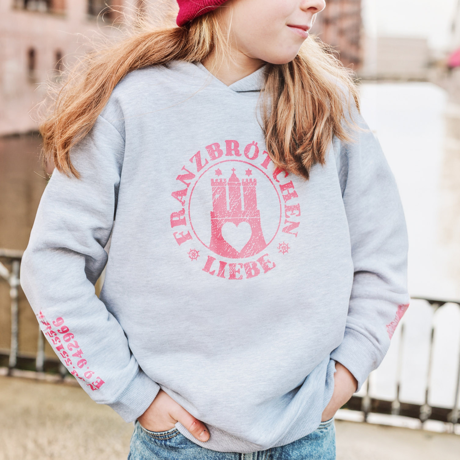 Franzbrötchenliebe Hoodie Kids - Gray Morn mélange mit pinkem Print